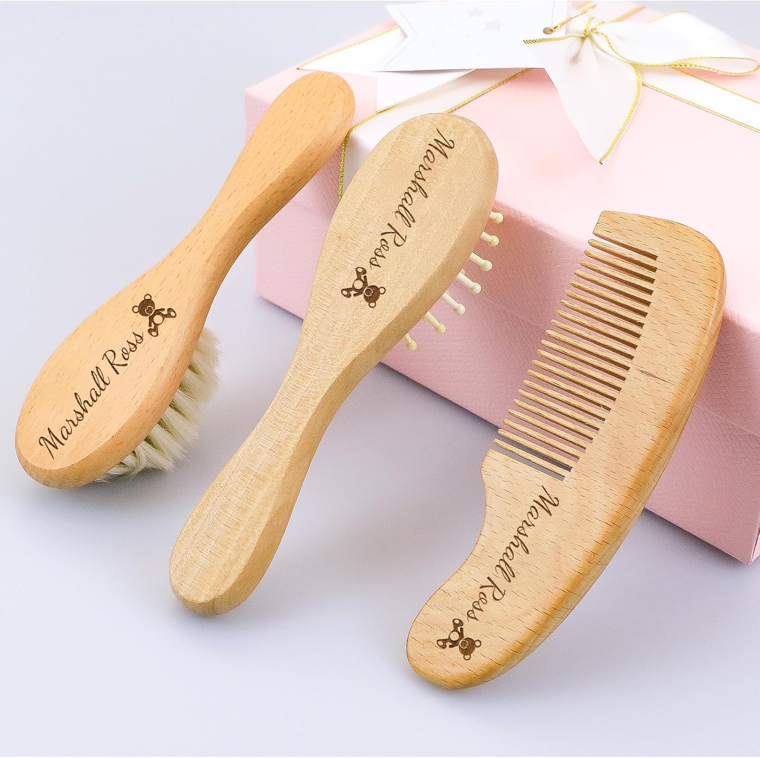 810kruQlX7L._AC_SL1500_.jpg Personalized Baby Hair Brush and Comb Set for Newborn - Custom Wooden Toddler Hair Brush Set with Soft Goat Bristle, Baby Brush Set for Newborn, Toddler Cradle Cap Brush Perfect Baby Registry (A) - Image 1