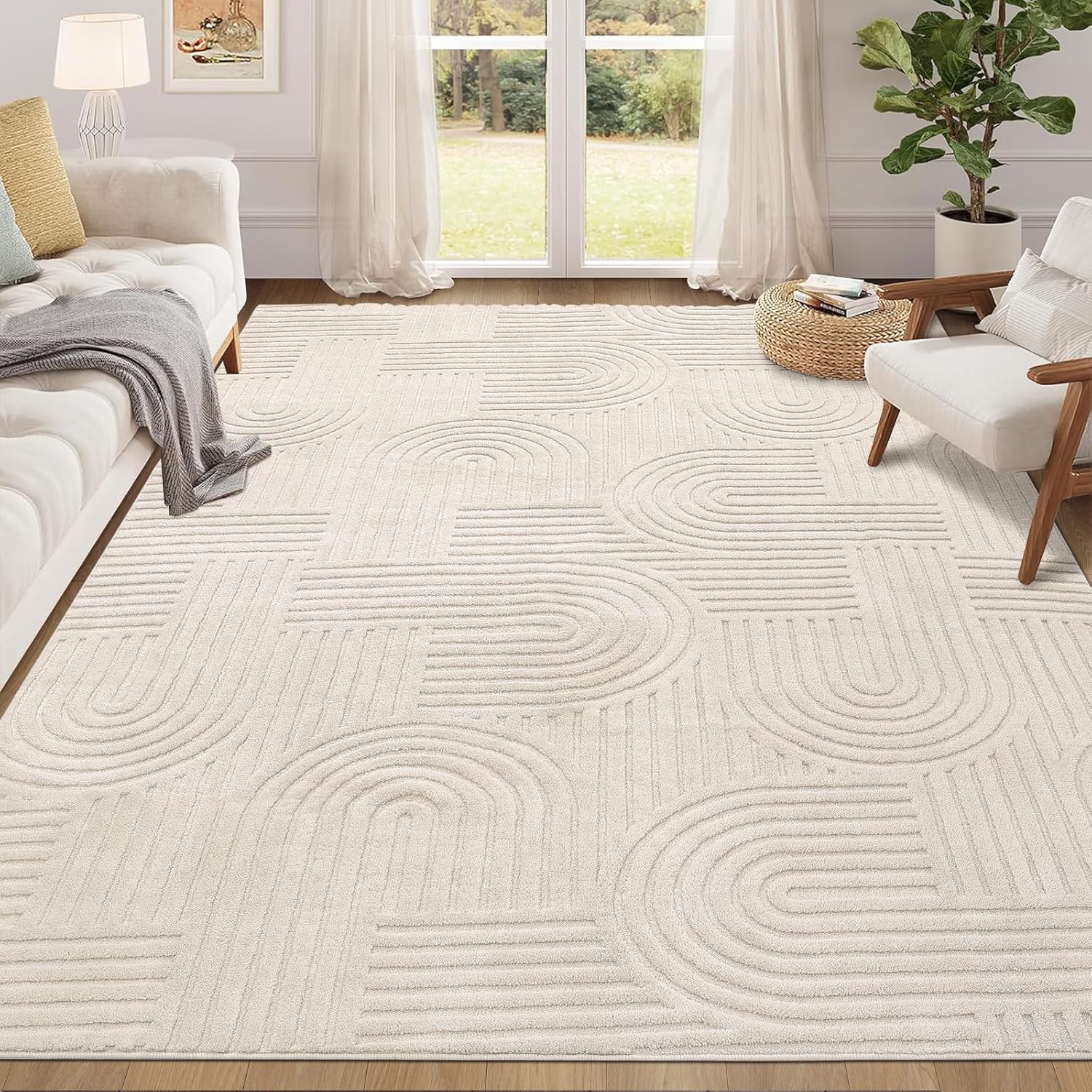 8118bhJCjdL._AC_SL1500_.jpg Machine Washable Rugs for Living Room, 120 x 160 cm Non Shedding Area Rug for Bedroom Soft High Pile Rugs Non Slip Carpet Large Fluffy Rug Carpet Mat fot Office Dining Room Lounge, Cream - Image 1