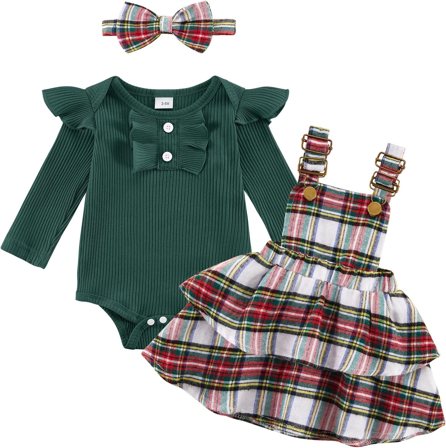 811kwAap8qL._AC_SL1500_.jpg Baby Girl Clothes Newborn Dress Set Long Sleeve Ruffle Romper Plaid Suspender Skirt Overall Dress Bow Headband Infant Outfits for 0-24M - Image 1