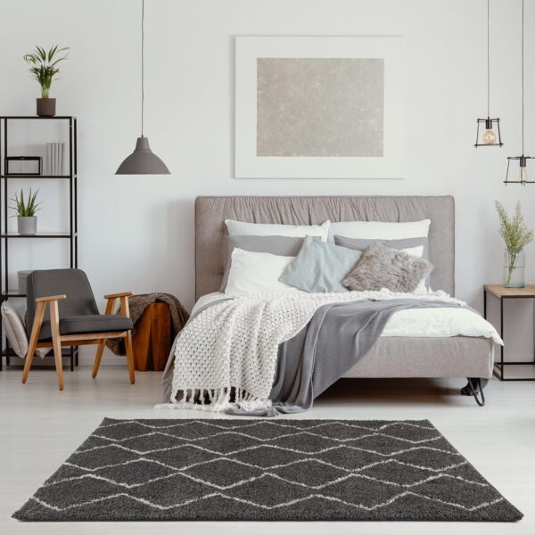 THE RUGS Modern Moroccan Design Living Room and Bedroom Rugs, Non-Shedding & Easy Care (Boho Dark Grey/Ivory, 80x150 cm) - Image 4