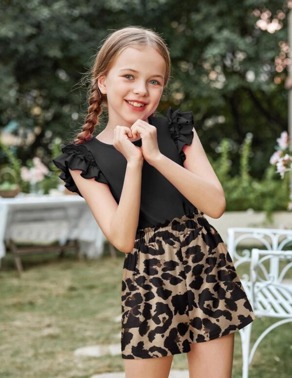 Arshiner Clothing Sets Girls Summer Solid Color T-Shirt with Shorts Outfit Children Cotton Ruffle Sleeve Clothing Set Leisure Fashion Two Piece Girl Clothes with Pocket 6-14 Years - Image 2