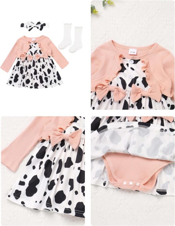 OMEWEE Baby Girl 1st Birthday Outfit Long Sleeve Romper Dress Floral/Cow/Candy Print Dress with Headband Socks 3PCS Spring Clothes Cake Smash Party Photograph - Image 5