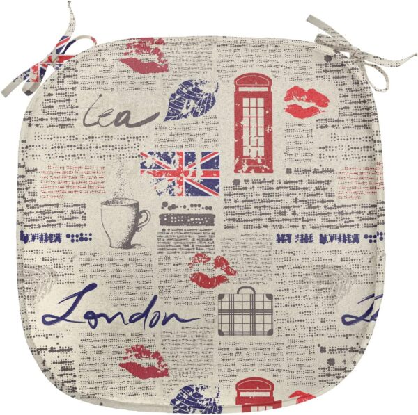Ambesonne Tea Party Chair Seating Cushion Set of 4, London Newspaper Inspired Background with Grunge Elements Kiss Marks, Anti-Slip Seat Padding for Kitchen & Patio, 16"x16", Beige Navy Blue Red - Image 2