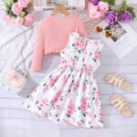 De feuilles Kids Toddler Girls Dress with Cardigan 2 Piece Outfits Set Floral Sleeveless Dress and Long Sleeve Ruffled Cardigan Bolero Shrug Coat - Image 3
