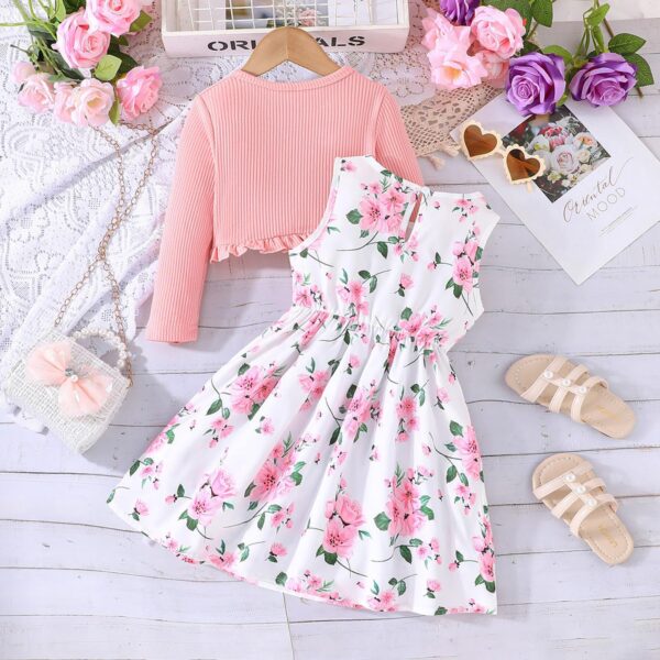 De feuilles Kids Toddler Girls Dress with Cardigan 2 Piece Outfits Set Floral Sleeveless Dress and Long Sleeve Ruffled Cardigan Bolero Shrug Coat - Image 3