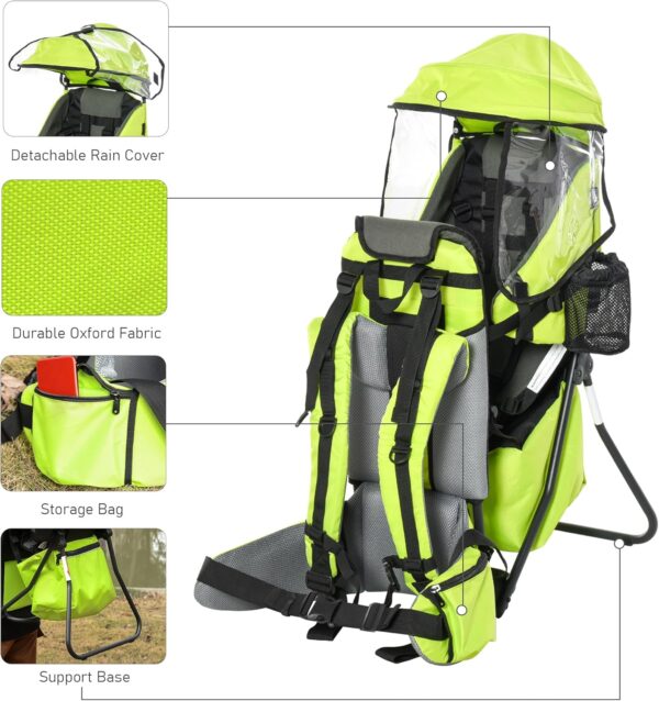 HOMCOM Baby Hiking Backpack Carrier Child Carrier with Ergonomic Hip Seat Detachable Rain Cover Adjustable Straps Stand for Toddler 6-36 Months Green - Image 6