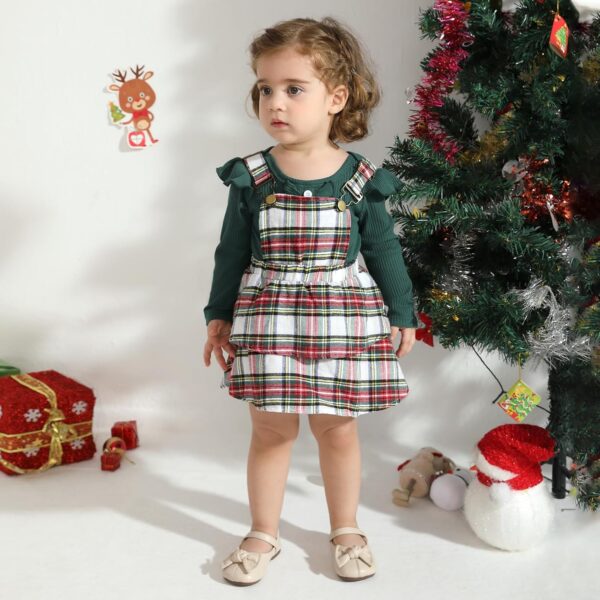 Baby Girl Clothes Newborn Dress Set Long Sleeve Ruffle Romper Plaid Suspender Skirt Overall Dress Bow Headband Infant Outfits for 0-24M - Image 2
