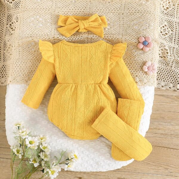 Kunyeah 3Pcs Baby Girl Outfits Infant Ruffle Romper Long Sleeve Bodysuit+Bow Hairband+Socks Newborn Flower Jumpsuit - Image 3