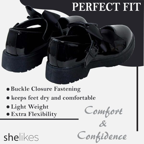 shelikes Girls Back to School Shoes Mary Jane Flat Shoes with Detachable Bow & Black Patent Shiny Ankle Strap - Image 5
