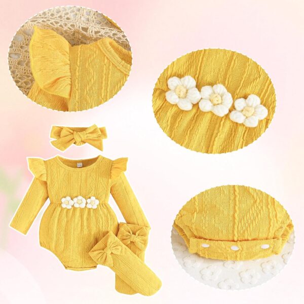 Kunyeah 3Pcs Baby Girl Outfits Infant Ruffle Romper Long Sleeve Bodysuit+Bow Hairband+Socks Newborn Flower Jumpsuit - Image 4