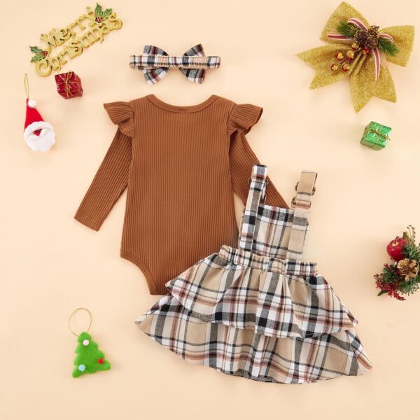 ESHOO Baby Girl Clothes Newborn Dress Set Long Sleeve Ruffle Romper Plaid Suspender Skirt Overall Dress Bow Headband Infant Outfits for 0-24M - Image 2