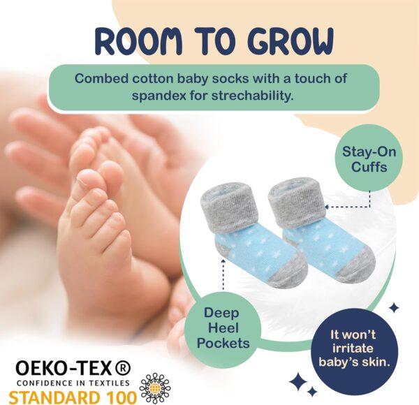 Organic Cotton Baby Socks, 12 Pairs, Unisex 0-6M - Soft, Hypoallergenic Newborn & Infant Socks - Baby Girl & Boy Gifts (UK, Age, 0 Months, 6 Months, Blue - Gray - White) - Image 6
