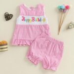 MAHUAOYIXI Toddler Baby Girl Birthday Outfit Short Sleeve Letter Embroidery Shirts Ruffled Hem Tank Tops Vest and Plaid Bloomer Shorts 2Pcs Set Happy Birthday Clothes for Little Girls - Image 3