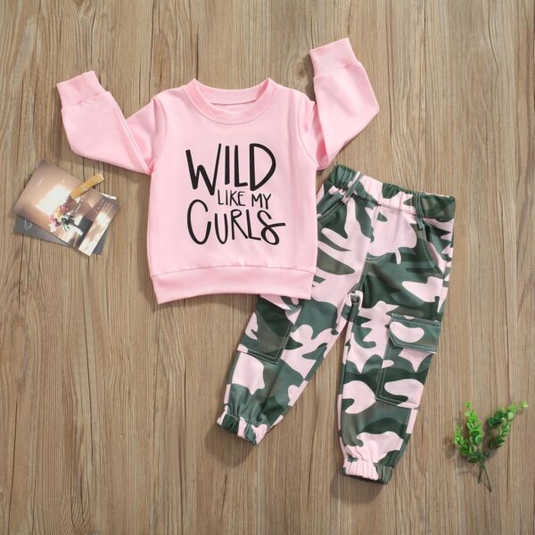 WERNZATT Toddler Girls 2 Piece Outfits Letter Print Long Sleeve Pullover Sweatshirt&Camouflage Pants Set Kids Sweatsuit - Image 2