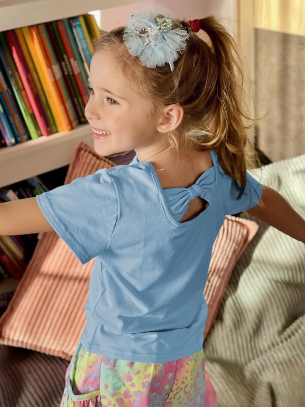 Arshiner Girls T-Shirts Back Hollow Bow Tie Kids Cotton Summer Short Sleeve Tops Cute Leisure Fashion Shirt Round Neck Tee Shirt for Girls 3-14 Years - Image 4