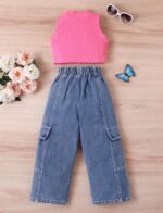 Panegy Girls Two Piece Outfit Ribbed Sleeveless Tank Crop Top Washed Ripped Jeans Solid Vest Elastic Waist Denim Pants - Image 2