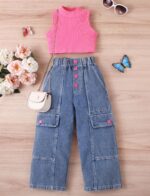 Panegy Girls Two Piece Outfit Ribbed Sleeveless Tank Crop Top Washed Ripped Jeans Solid Vest Elastic Waist Denim Pants - Image 5