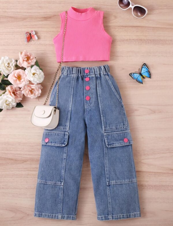 Panegy Girls Two Piece Outfit Ribbed Sleeveless Tank Crop Top Washed Ripped Jeans Solid Vest Elastic Waist Denim Pants - Image 5