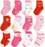 GRPSKCOS Toddler Girls Socks, 12 Pack Non Slip Crew Socks with Grips for 1-7 Years Kids