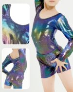 JiAmy Gymnastics Leotards for Girls Cross Back, Long Sleeve Sparkly Dance Biketards with Shorts Ballet Outfit for 3-12 Years - Image 3
