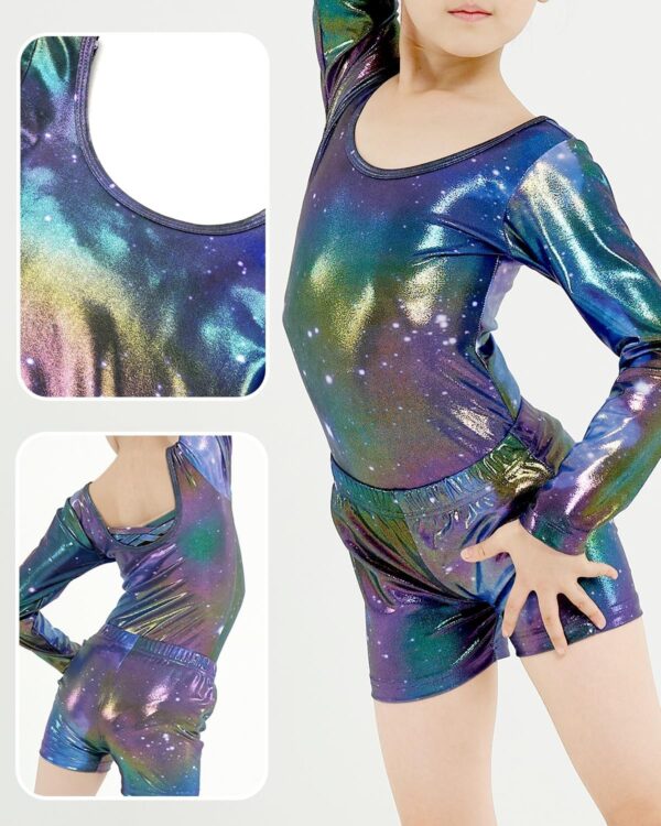 JiAmy Gymnastics Leotards for Girls Cross Back, Long Sleeve Sparkly Dance Biketards with Shorts Ballet Outfit for 3-12 Years - Image 3