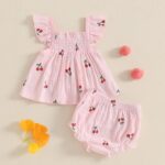 HodJIU Baby Girl Summer Outfits Bow Print Flying Sleeve Smock Tunic Shirt Top Elastic Waist Ruffled Bloomers 2 Pcs Set Cute Clothes for Little Girls - Image 3