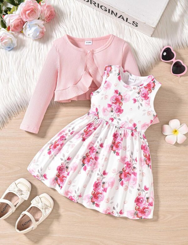 puseky Toddler Baby Girls Dress and Cardigan Set Baby Girl Floral Print Sleeveless Dress and Coat 2Pcs Fall Outfits Set - Image 2