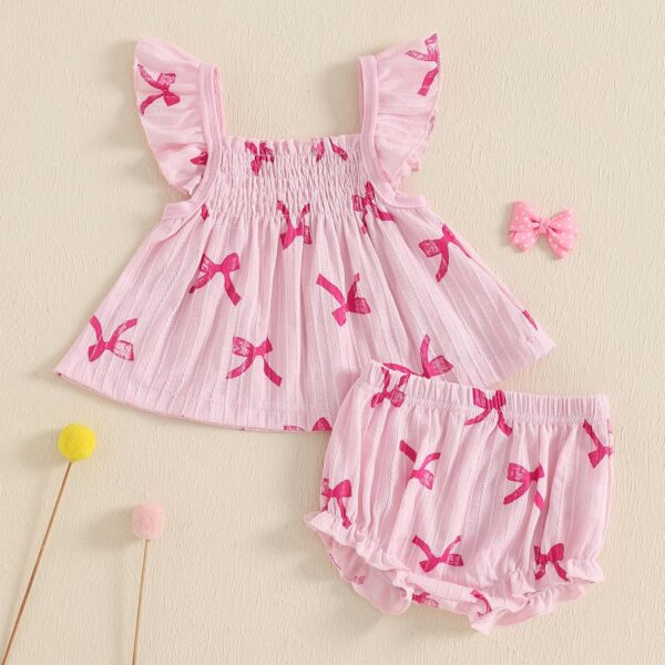 Baby Girl Summer Outfits Bow Print Flying Sleeve Smock Tunic Shirt Top Elastic Waist Ruffled Bloomers 2 Pcs Set Cute Clothes for Little Girls - Image 3