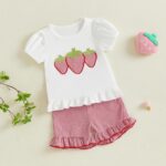 Baby Girl Outfit Strawberry Embroidery Short Sleeve T-Shirt Ruffle Plaid Shorts Toddler Summer Baby Clothes for Girls - Image 2
