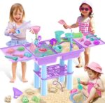 deAO Sand and Water Table for Toddlers, Outdoor Play Table Summer Toys with 23PCS Beach Toys, 2 Fishing Pool Toys, Sand Pit Water Table Children Garden Toys Activity Sensory Table for Kids (Purple)