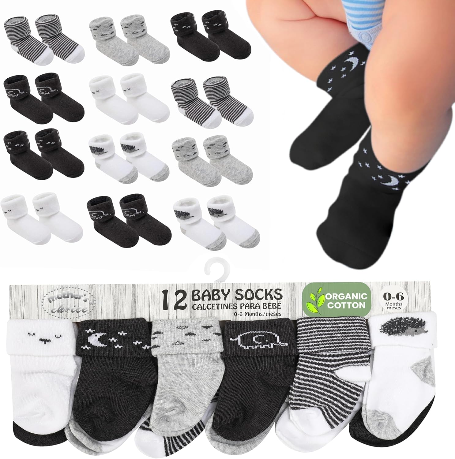81IfK2IUeBL._AC_SL1500_.jpg Mother's Choice Organic Cotton Baby Socks, 12 Pairs, Unisex 0-6 Months - Soft, Hypoallergenic Newborn & Infant Socks - Baby Girl & Boy Gifts, (12Pcs, Black - White - Gray) - Image 1