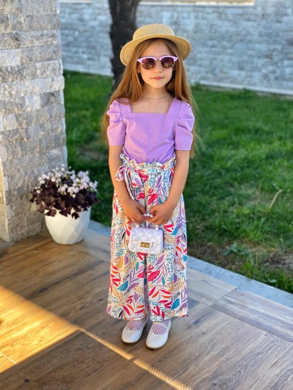 Arshiner Girls Clothing Sets Kids Fashion T-shirts with Trousers Set Puff Sleeves Top with Printed Trousers Set Summer Casual Outfits for Girls 5-14 Years - Image 3