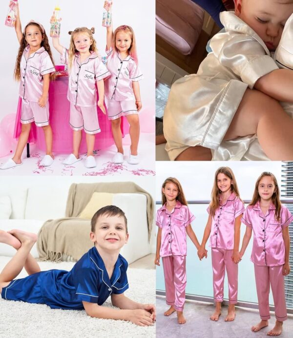 SWOMOG Kid's Silk Pyjamas 3 Piece Girls Boys Satin Pyjamas Set Button-Down PJs Sets Soft Lounge Sets Short Sleeve Sleepwear - Image 5