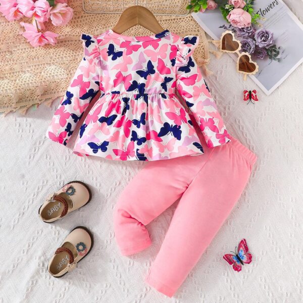 Newborn Baby Girl Clothes Set, Long Sleeve Outfits Ruffle Top and Trousers, T-shirt with Bowknot and Trousers with Butterfly, Baby Girl Outfit for 6-36 Months Baby Girl, Pink - Image 2