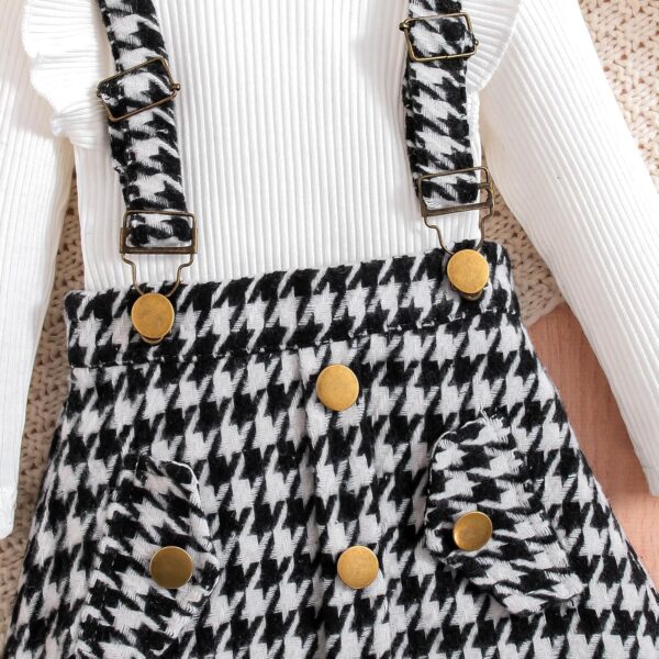 BENO TIGER Toddler Baby Girls Long Sleeve Skirt Set Solid Color Cotton Ribbed Shirt Top Plaid Suspender A-line Skirt Clothes Set - Image 6