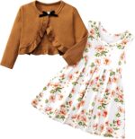 Baby Girl Dress With Cardigan Clothes Set Toddler Girls Long Sleeve Bow Button Cardigan + Sundress Suit Kids Knitted Cropped Sweaters Tops Dress 2 Piece Outfits 1-5 Years