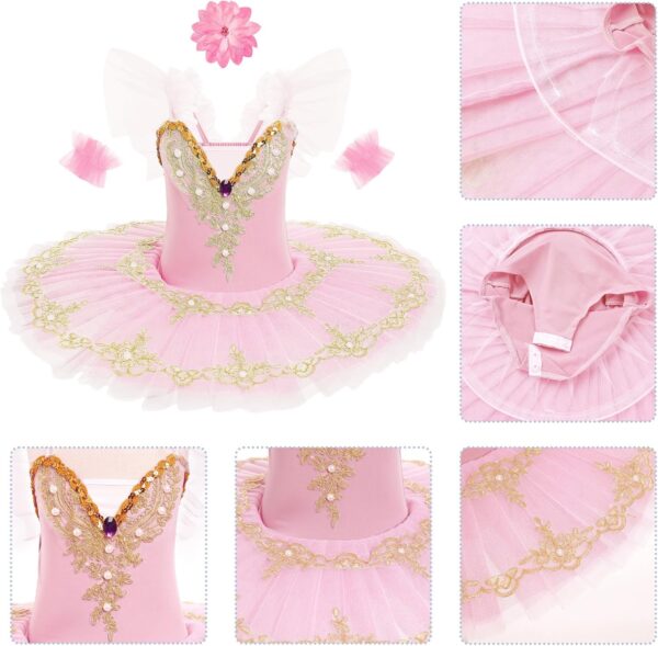 Odizli Ballerina Costume for Girls Flutter Sleeve Lace Pearl Embroidered Tulle Tutu Ballet Dress + Hair Clip + Armbands - Image 6
