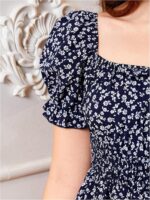 Girl's Floral Square Neck Puff Short Sleeve Dress A Line Ruffle Flowy Vacation Dresses - Image 6