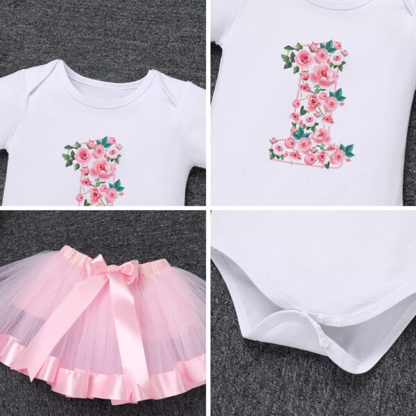FYMNSI Baby Girl 1st Birthday Outfit Flower Printed Cotton Short Sleeve Romper Tutu Tulle Skirt Crown Headband 3pcs Set - Image 6