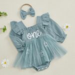 Newborn Baby Girls First Birthday Outfits Letter Floral Embroidery Romper Dress Long Sleeve Jumpsuits with Bowknot Headband Toddler Infant Girls Clothes - Image 2