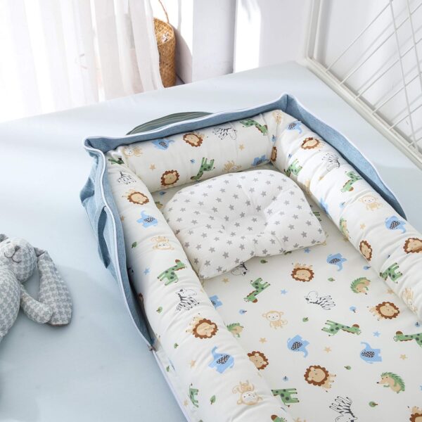 Baby Lounger with Pillow,Baby Lounger for Newborn Portable,Baby Nest Cosleeping for Baby in Bed Adjustable Size & Strong Zipper Lengthen Space to 24 Months(Animal World Blue) - Image 3