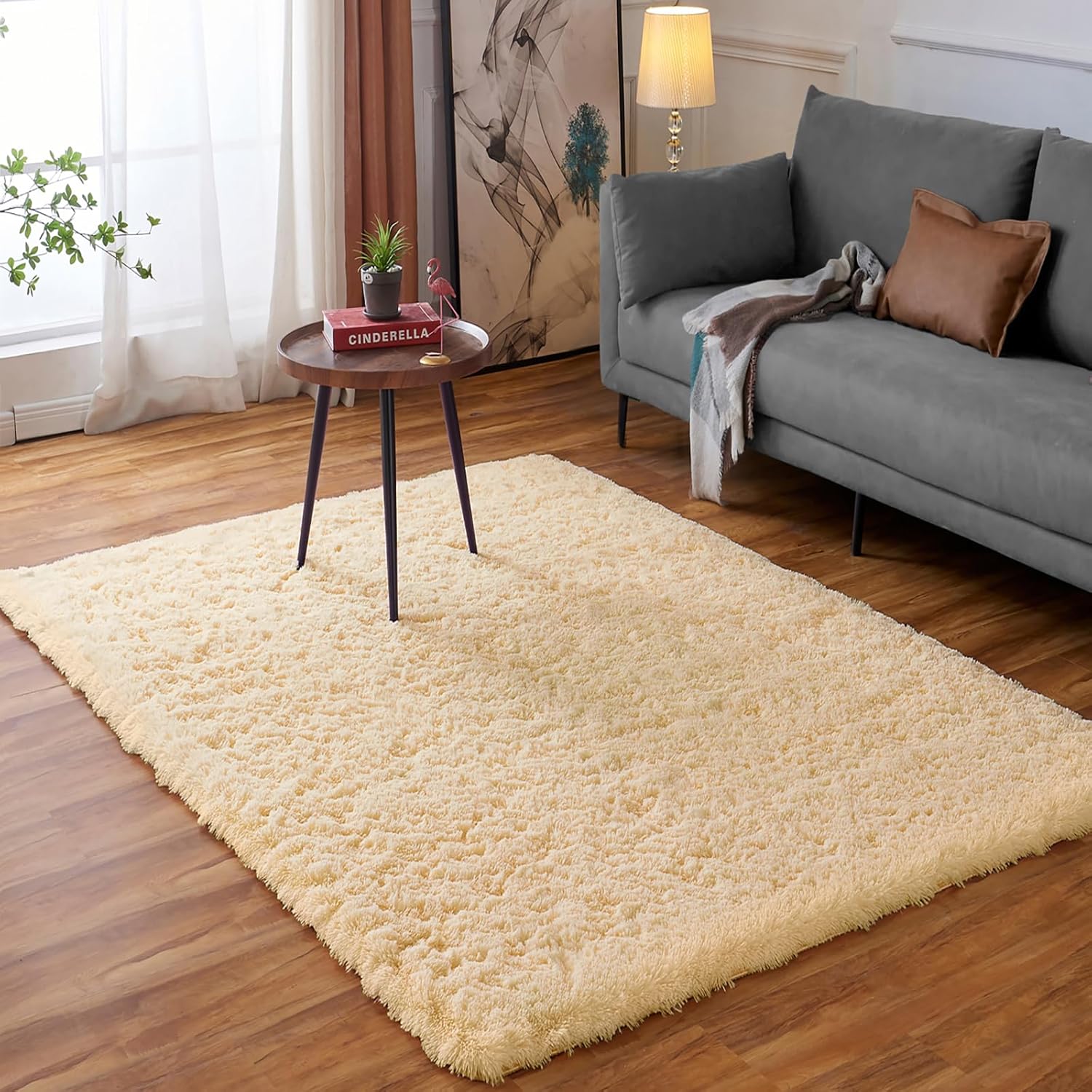 81OUZ19fN1L._AC_SL1500_.jpg Ceneco Rugs Living Room,Beige Rugs for Bedroom,Small Fluffy Rug,Washable Non-Slip High Pile Soft Carpet,Shaggy Bedroom Mat(Beige, 80x120 cm) - Image 1