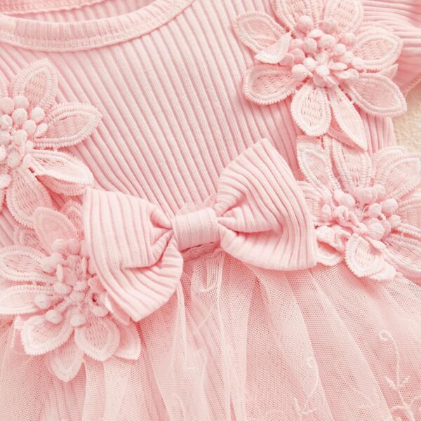 Baby Girl Lace Tulle Romper Tutu Dress Ruffle Sleeve Flowers Tie-Up Mesh Summer Overall Princess Party Dress with Headband 2Pcs Outfit - Image 7