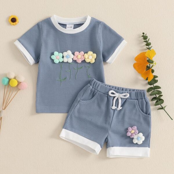 2Pcs Toddler Girl Summer Outfit Flower Print ​Crewneck Short Sleeve T-Shirts Tops And Floral Shorts Baby Girl Ribbed Bloom Flower Set - Image 2