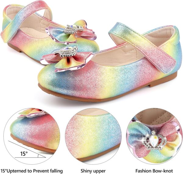 KUWIBY Girl Glitter Princess Flat Shoes Mary Jane Ballet Dress Shoes Kids Bling Bowknot Crown Birthday Party Shoes Bright Diamond Cosplay Dance Shoes for Little Girls Toddlers Multicolor - Image 3