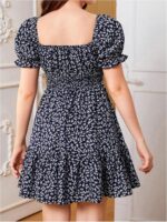 Girl's Floral Square Neck Puff Short Sleeve Dress A Line Ruffle Flowy Vacation Dresses - Image 2