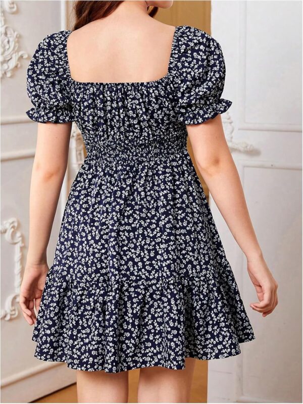 Girl's Floral Square Neck Puff Short Sleeve Dress A Line Ruffle Flowy Vacation Dresses - Image 2