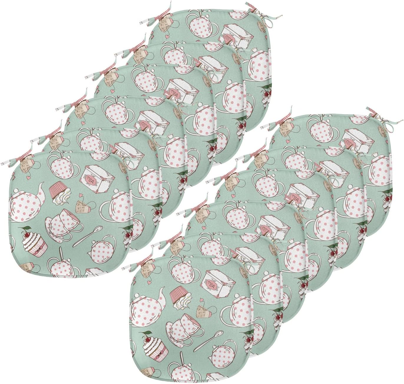 81SXtZaleDL._AC_SL1500_.jpg Ambesonne Tea Party Chair Seating Cushion Set of 12, Polka Dots on Teapots and Cups Cupcake with Cherry on Top Teabag English, Anti-Slip Seat Padding for Kitchen & Patio, 16"x16", Almond Green Coral - Image 1