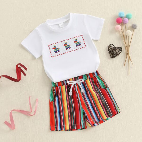 Toddler Kid Girls Summer Outfit Animal Embroidery Short Sleeve Top Colorful Stripes Elastic Waist Shorts Set 2Pcs Clothes Set - Image 3