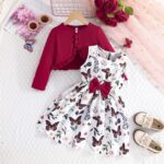 De feuilles Kids Toddler Girls Dress with Cardigan 2 Piece Outfits Set Floral Sleeveless Dress and Long Sleeve Ruffled Cardigan Bolero Shrug Coat - Image 2